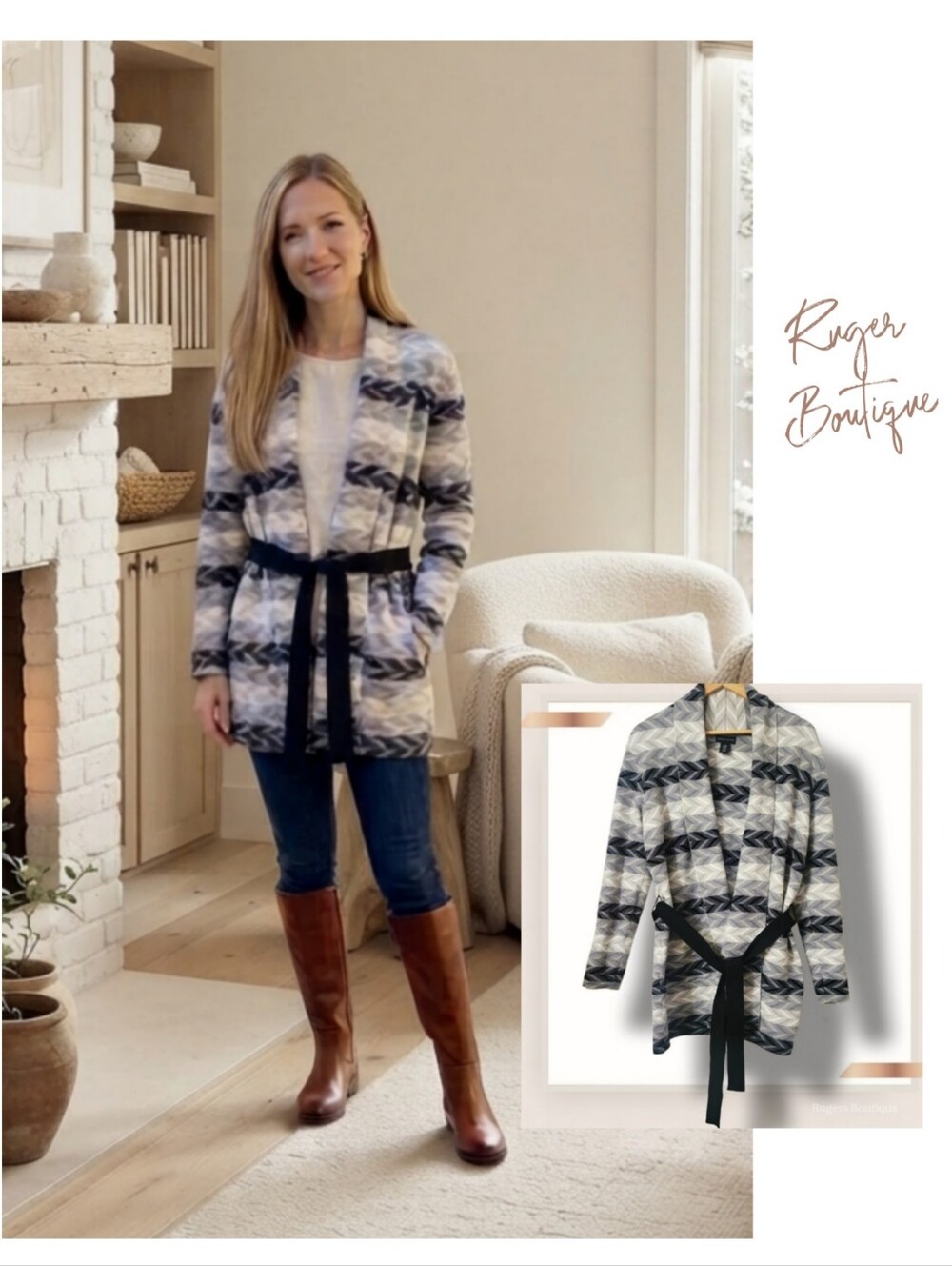 🌿Adrienne Vittadini Women's Medium Gray Black Striped Chevron Cardigan